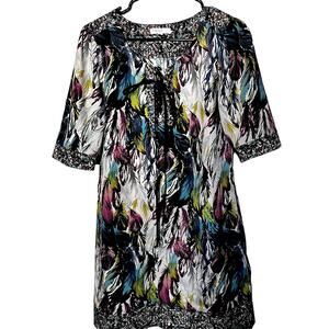 Love Fire Juniors Dress sz 9 colorful feather print mini sheath